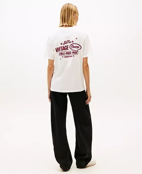 [USW] TOMMY HILFIGER ECRU WOMEN'S RELAXED GRAFFITI LOGO T-SHIRT, UZZ220 (UZZ220)