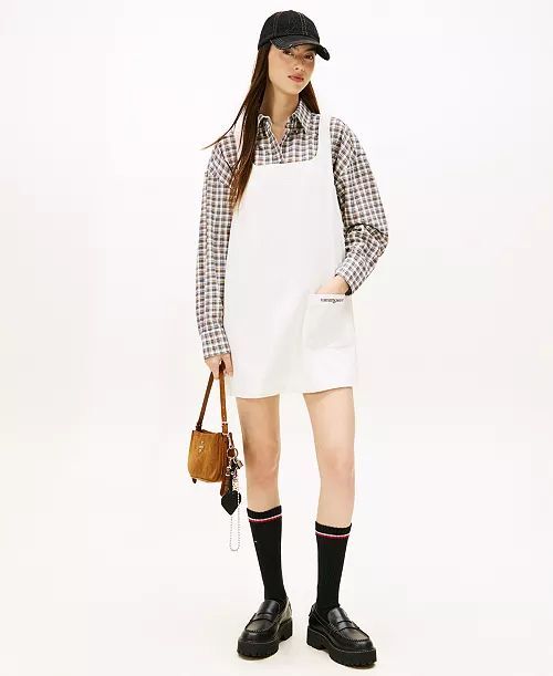 [USW] TOMMY HILFIGER ANCIENT WHITE WOMEN'S CORDUROY PINAFORE SCOOP NECK DRESS, UZZ221 (UZZ221)