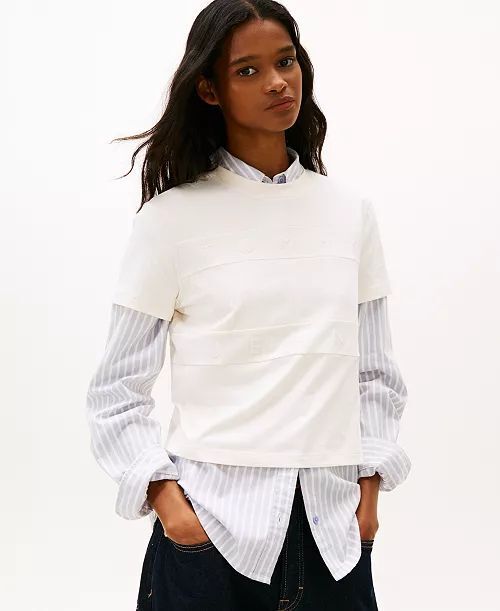 [USW] TOMMY HILFIGER ANCIENT WHITE WOMEN'S REGULAR TONAL FLAG T-SHIRT, UZZ222 (UZZ222)