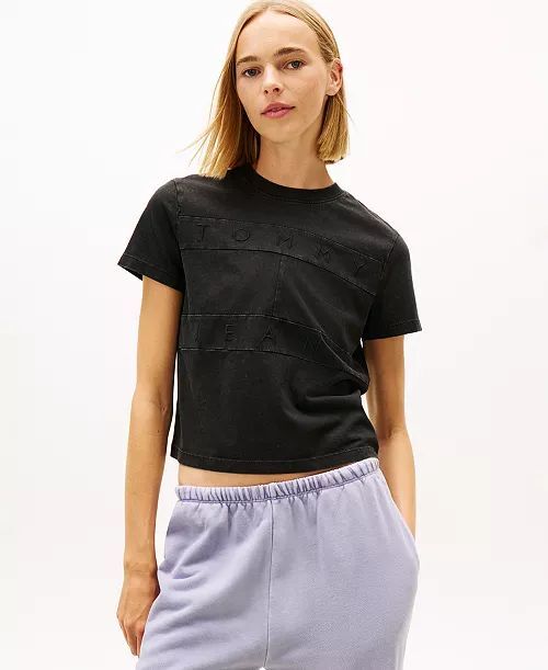 [USW] TOMMY HILFIGER BLACK WOMEN'S REGULAR TONAL FLAG T-SHIRT, UZZ223 (UZZ223)