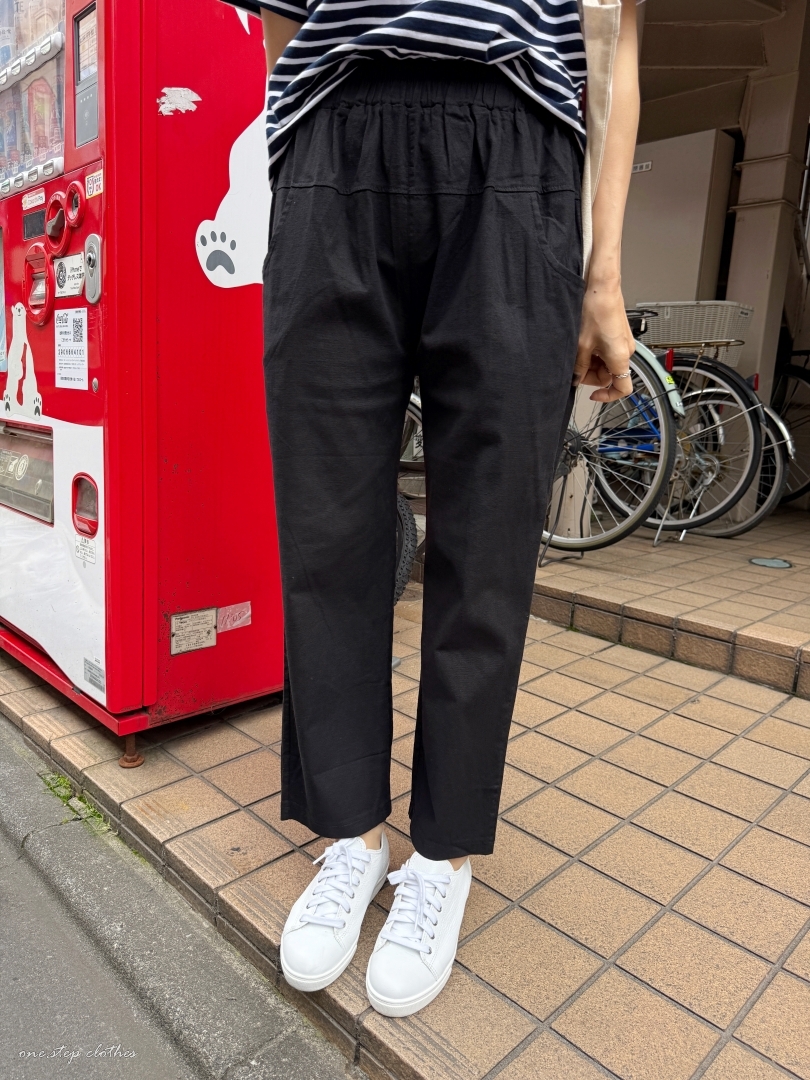 正韓自在感口袋鬆緊棉麻褲 (黑)