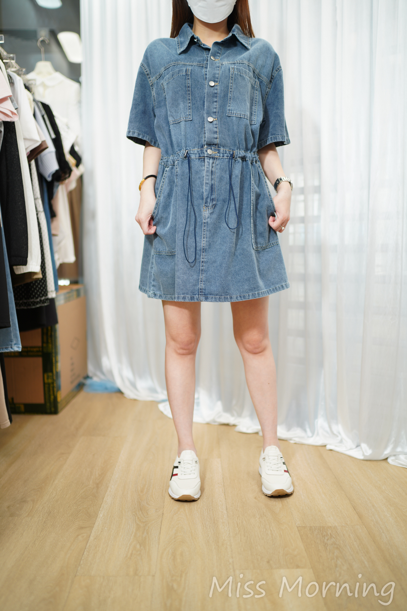 薄挺身腰位自由束牛仔連身(15174)