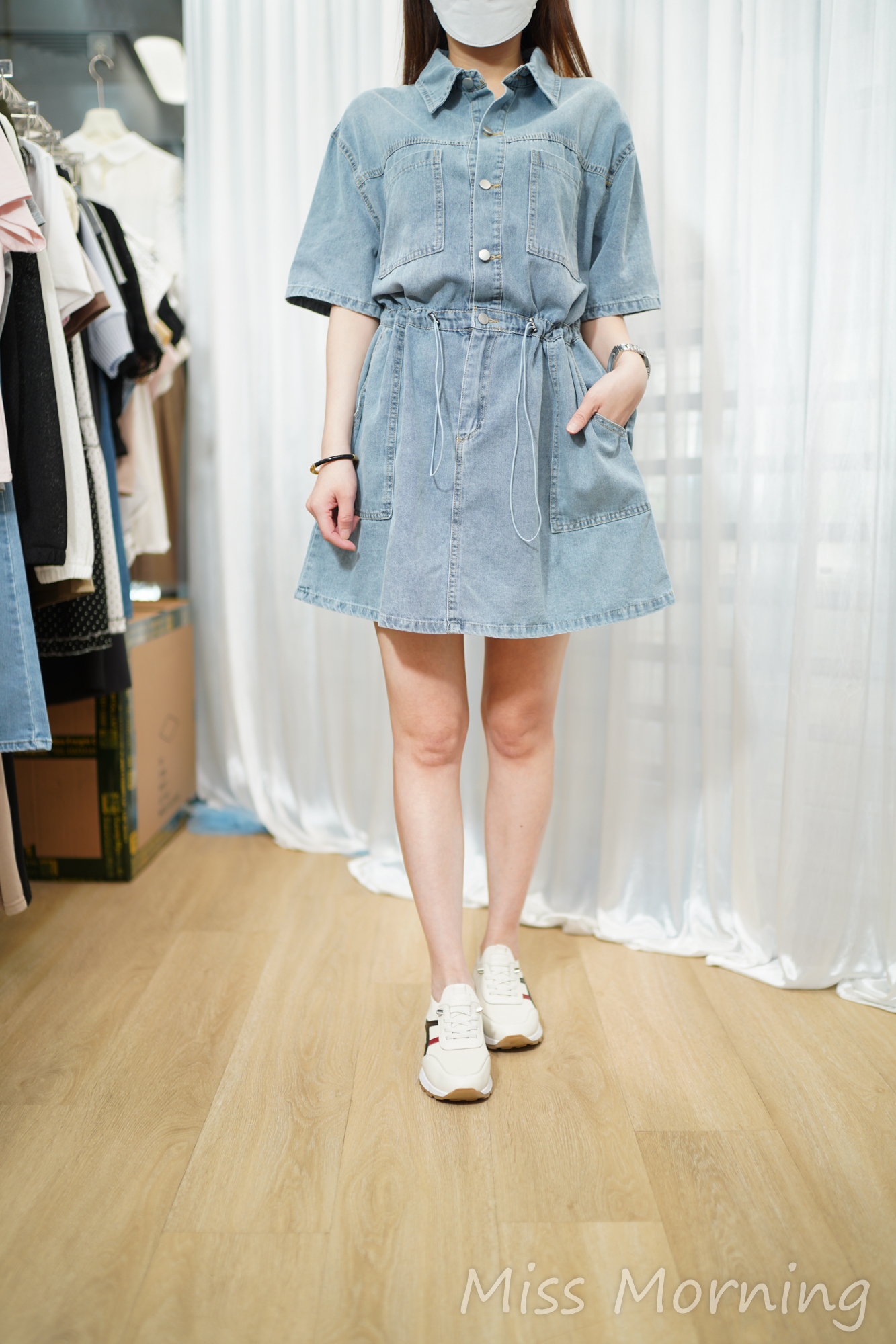 薄挺身腰位自由束牛仔連身(15174)