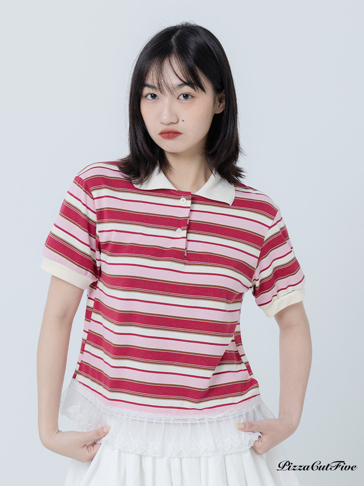 拼接蕾絲條紋POLO衫 PizzaCutFive PCF262414043