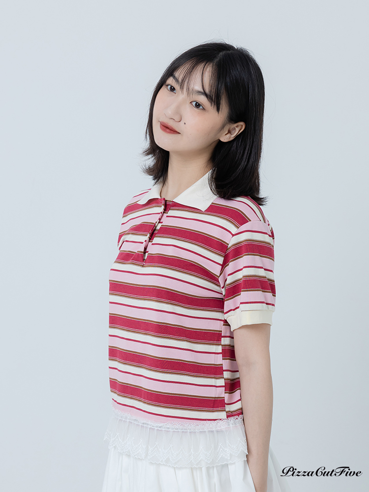 拼接蕾絲條紋POLO衫 PizzaCutFive PCF262414043