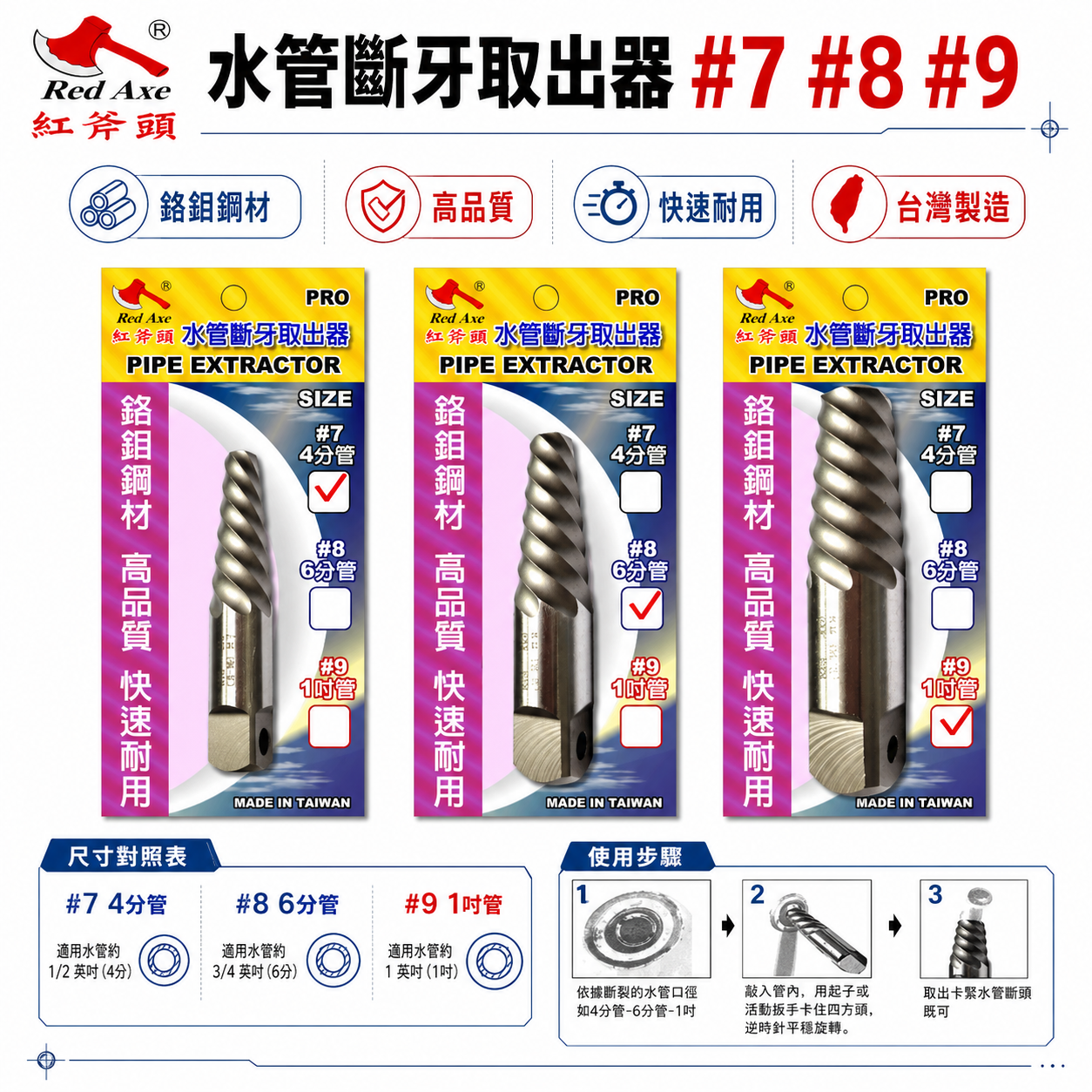 紅斧頭 台灣製｜水管斷牙取出器 斷絲取出器 斷管反牙螺絲攻 退牙器｜四分管 六分管 一寸管 #7 #8 #9