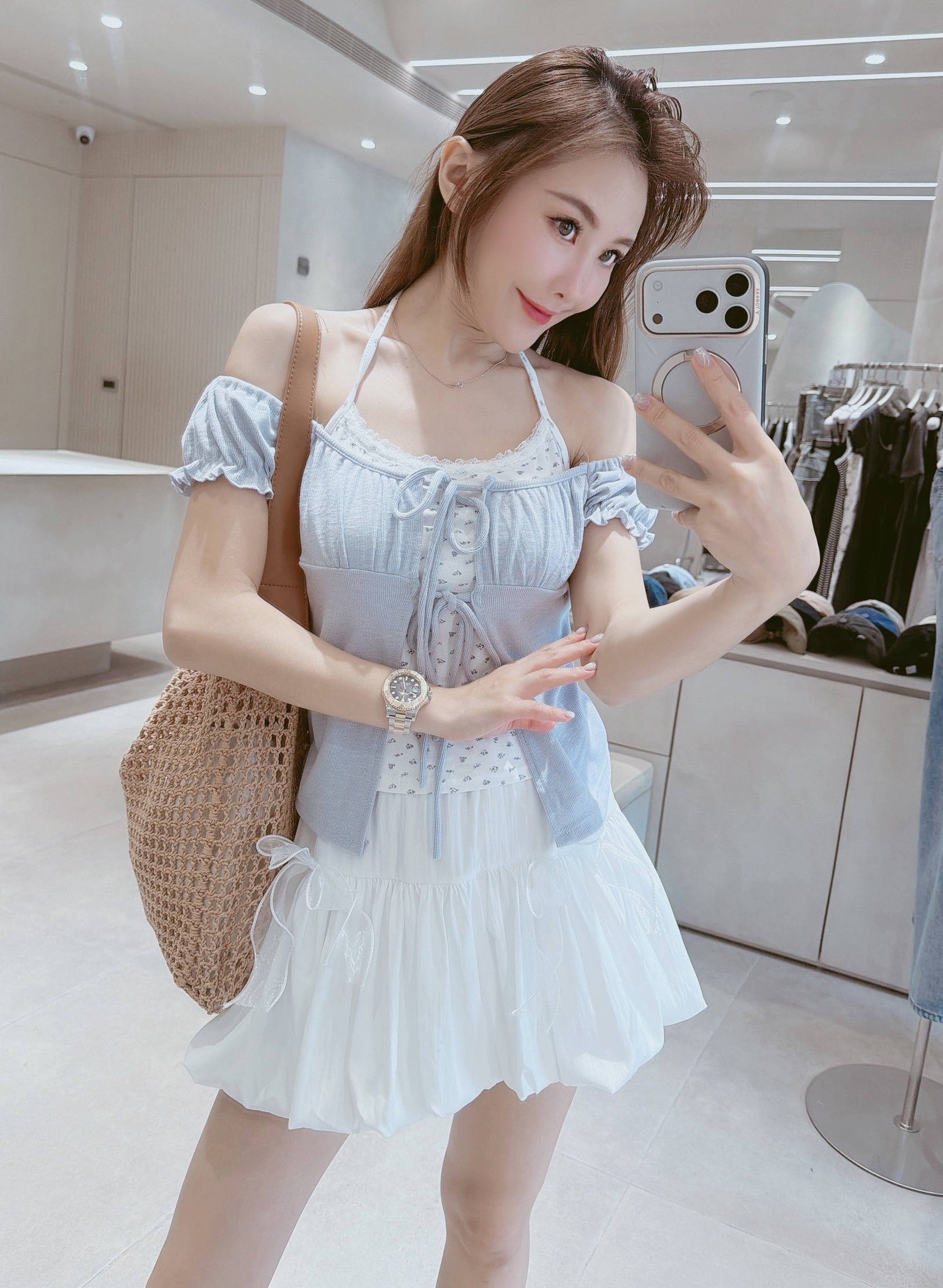 前綁假兩件碎花掛脖上衣