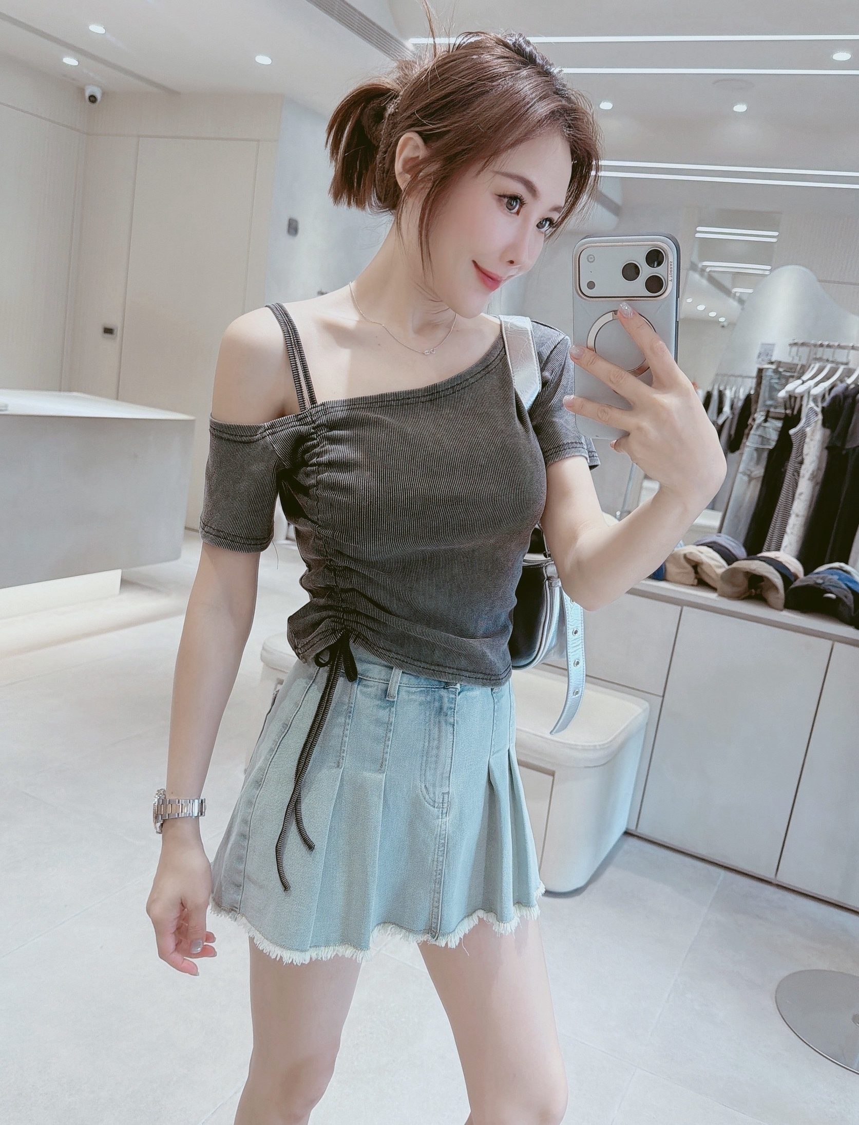 單肩側抽繩水洗上衣