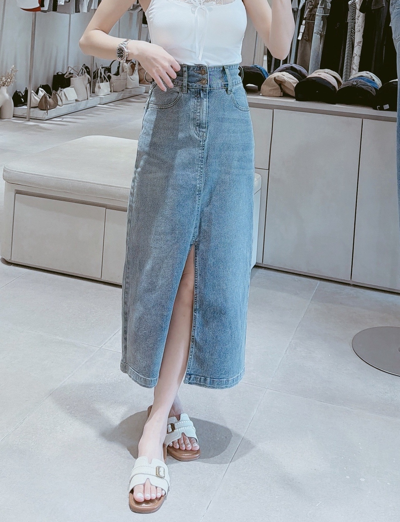 雙釦前開岔牛仔長裙 342