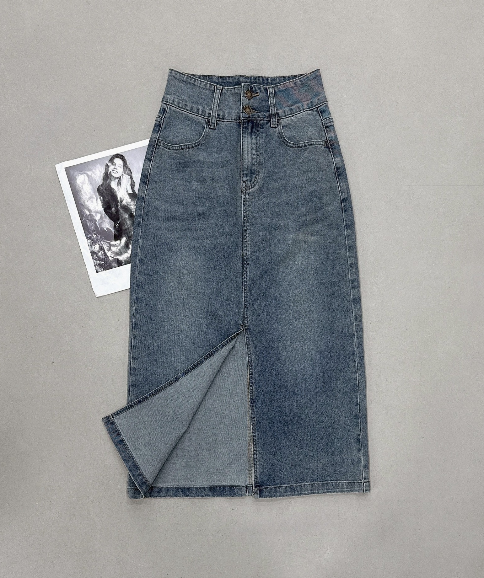 雙釦前開岔牛仔長裙 342