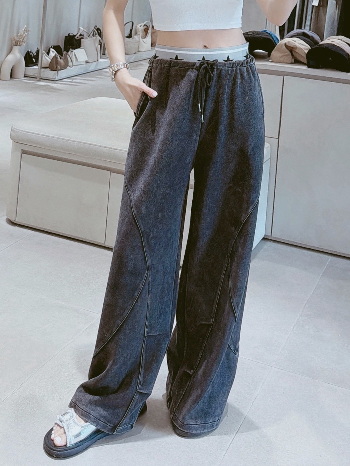 褲頭星星抽繩車線棉寬褲