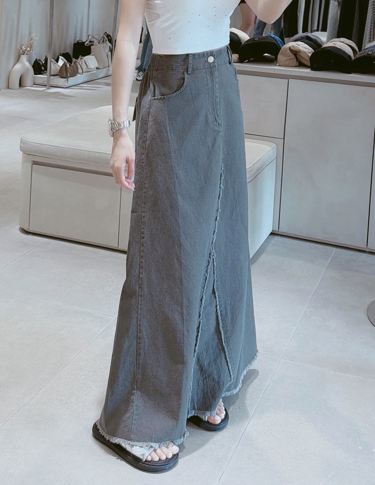 後鬆緊開岔鬚鬚水洗長裙