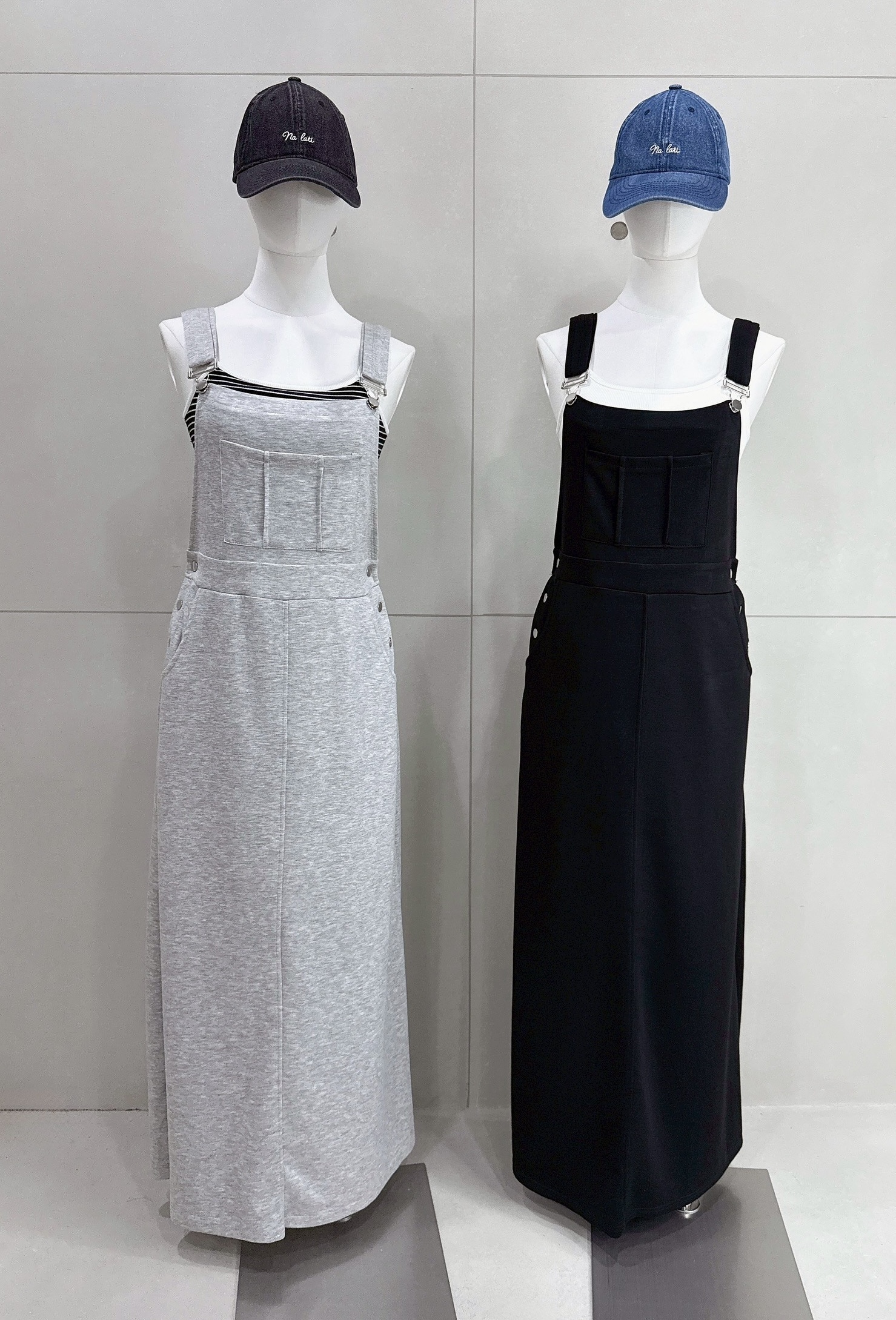 前口袋空氣棉吊帶長裙