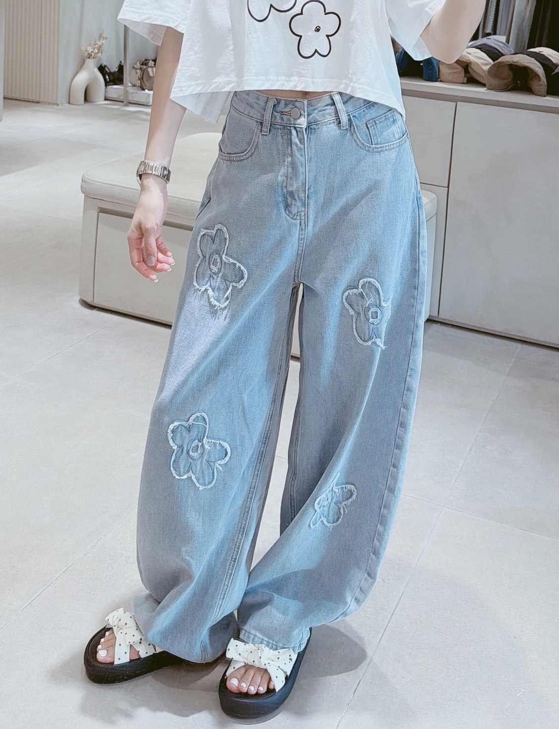 前後花朵牛仔彎刀褲 9219