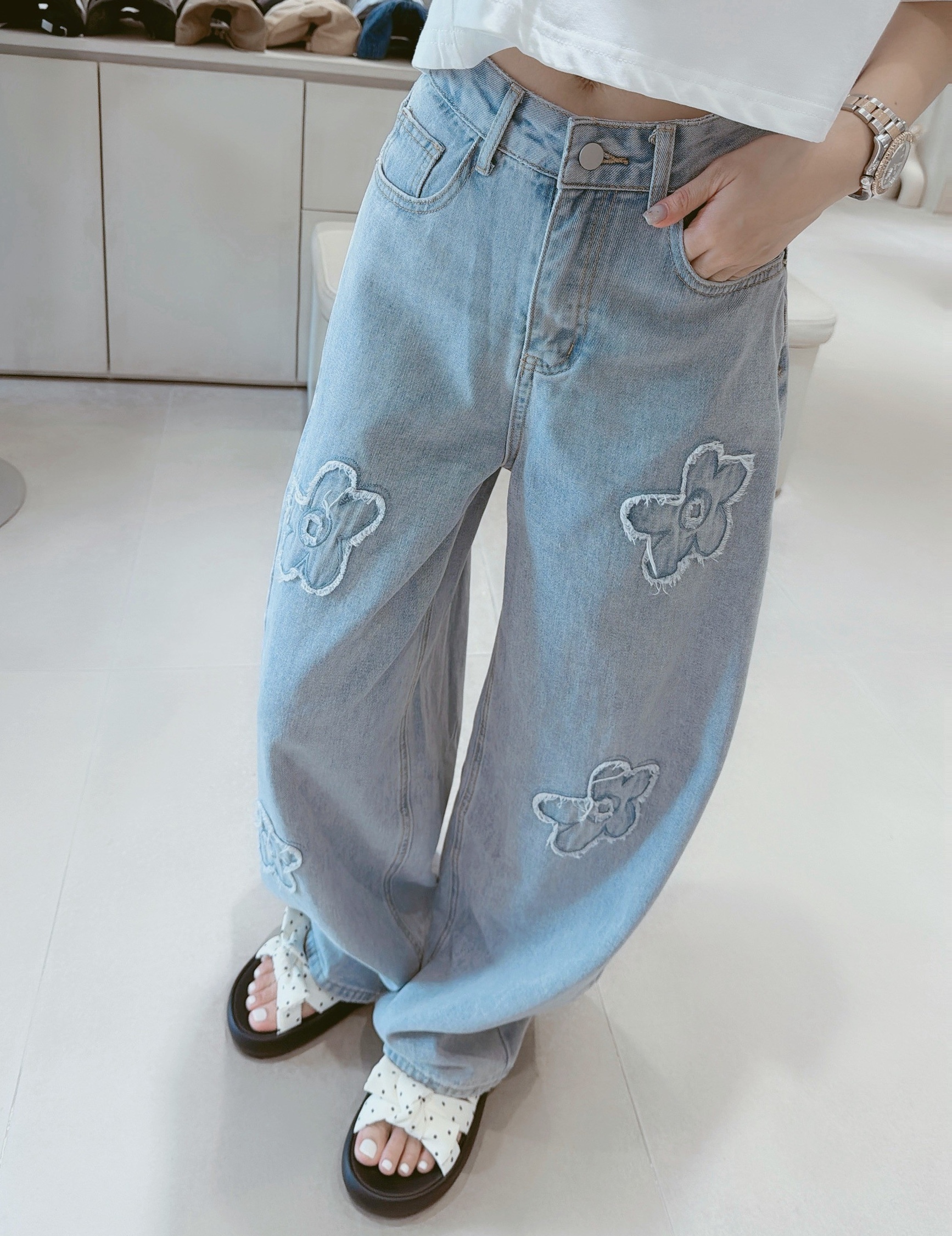 前後花朵牛仔彎刀褲 9219