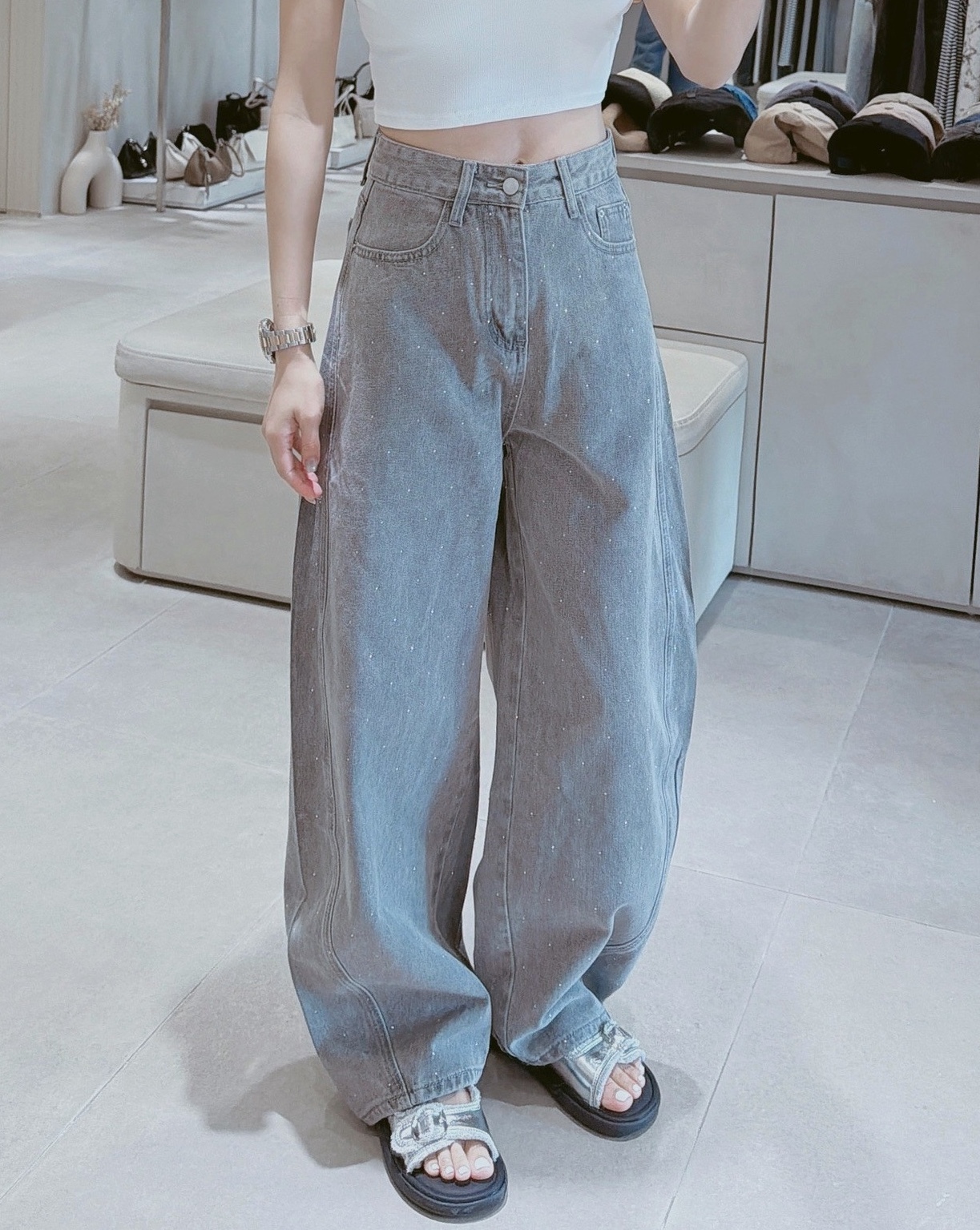 整件鑽鑽彎刀牛仔褲 9275