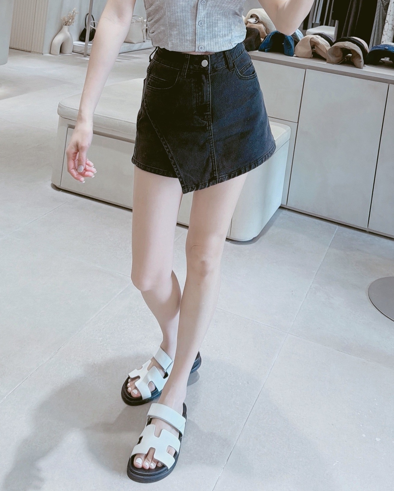 單側一片式弧度牛仔褲裙 352