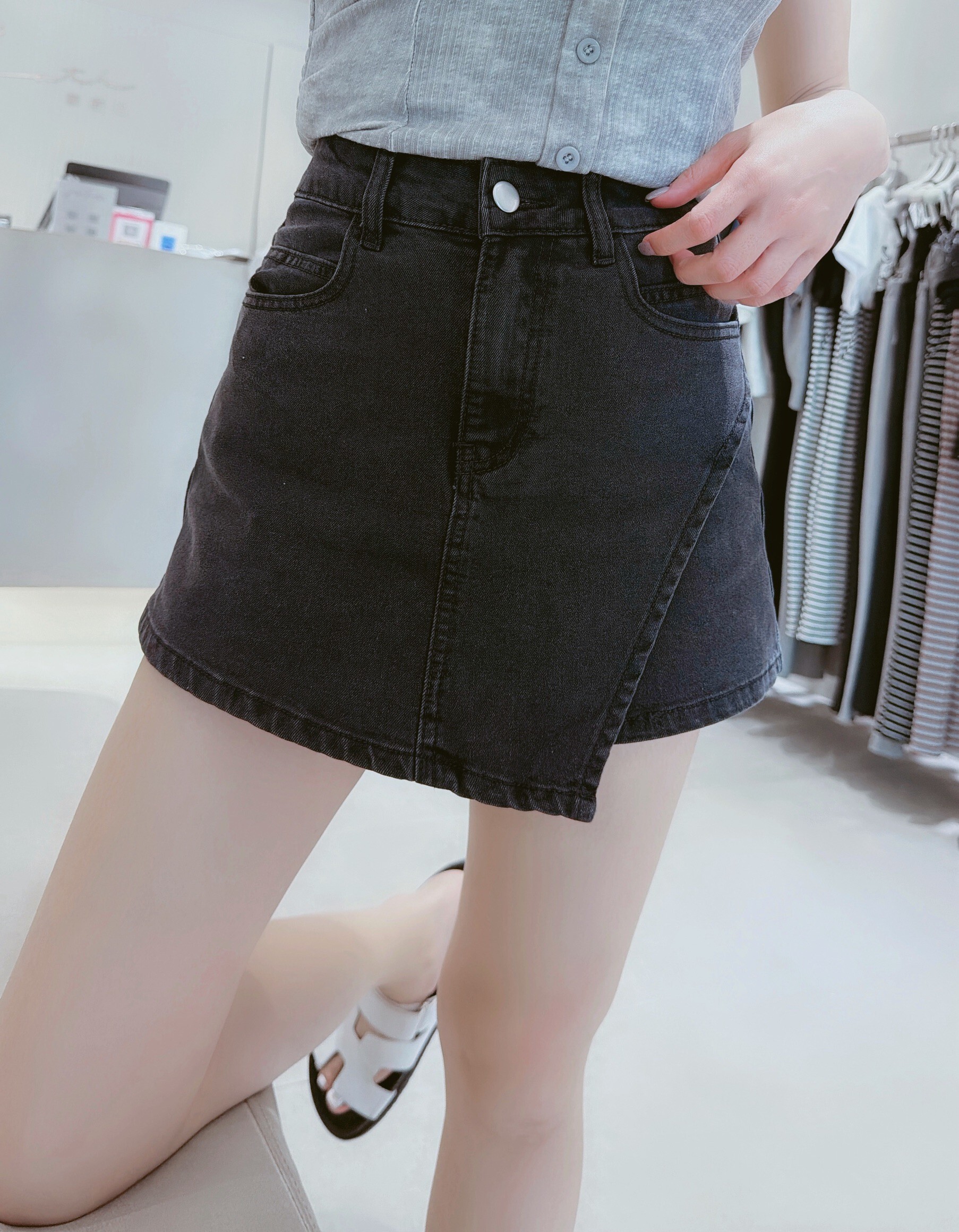 單側一片式弧度牛仔褲裙 352