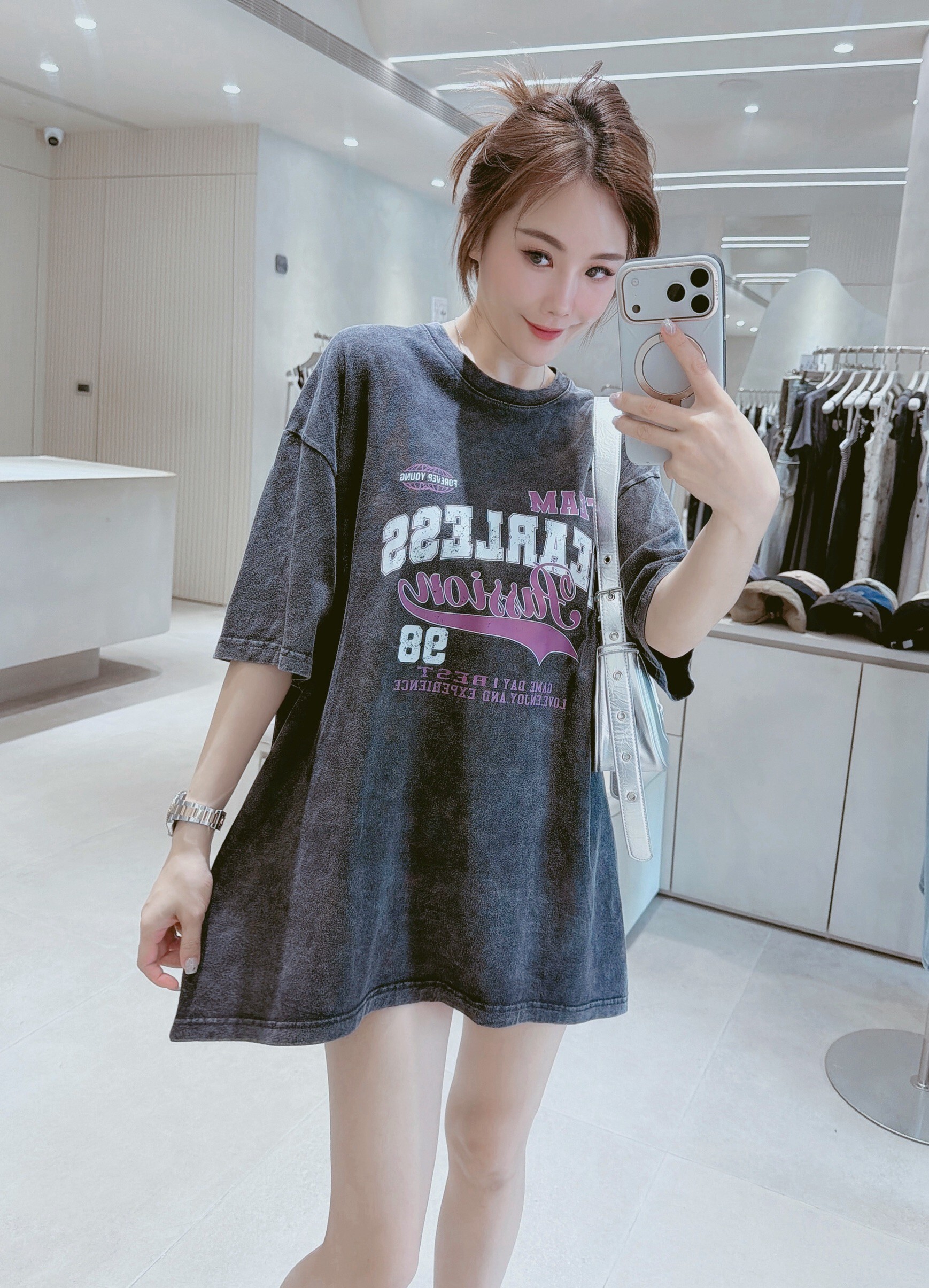 美式紫色英文水洗上衣