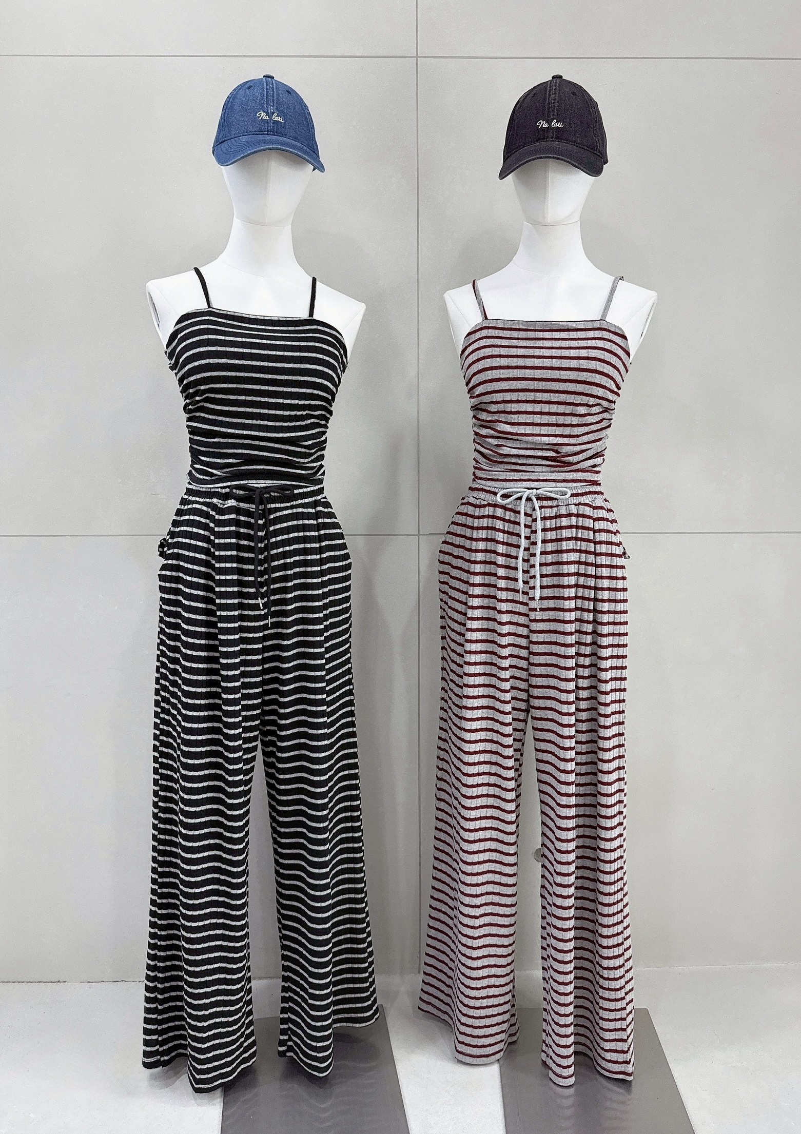 細肩側皺條紋罩杯背心+條紋長褲