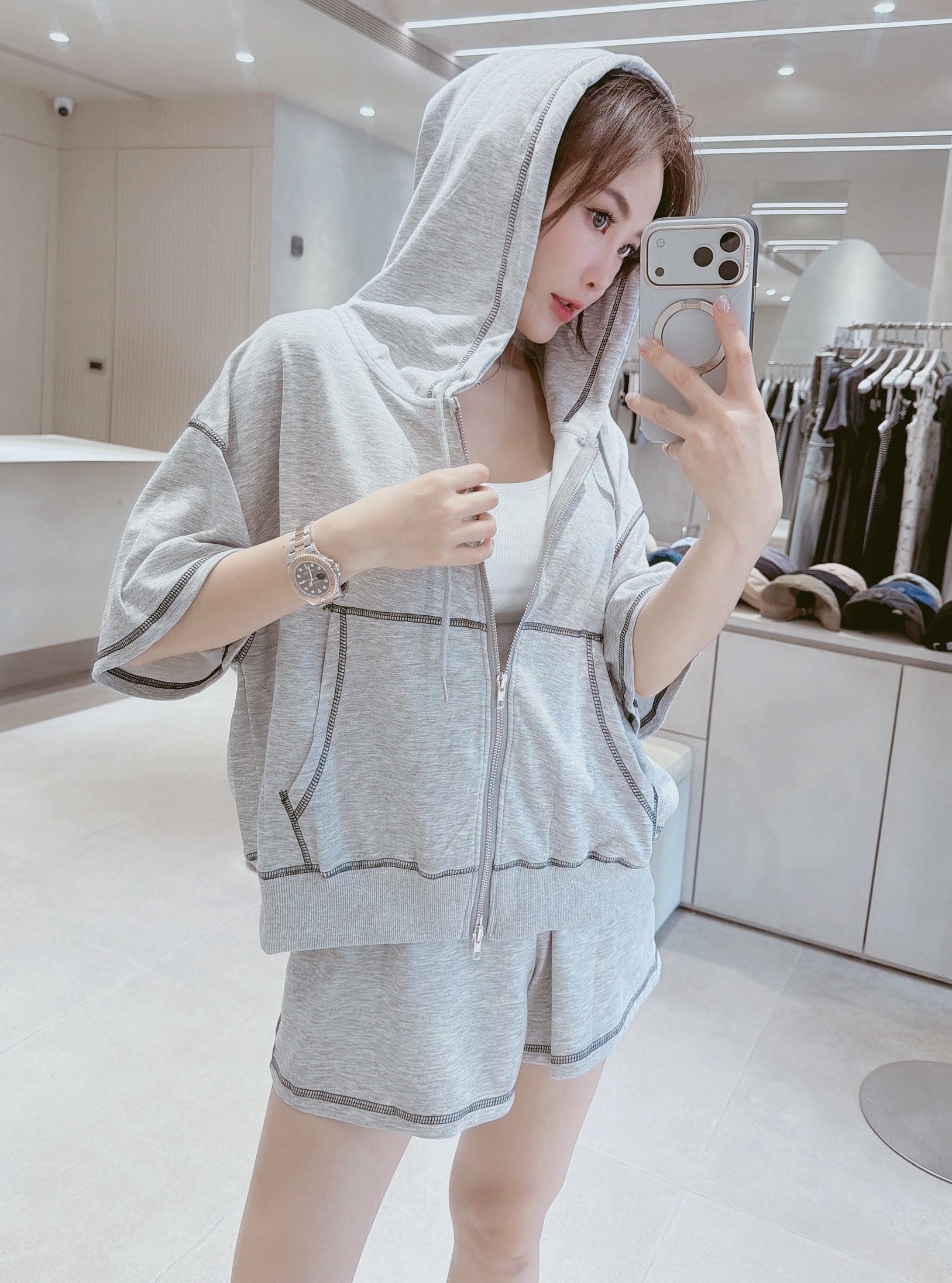 雙拉鍊車線連帽外套+車線短褲