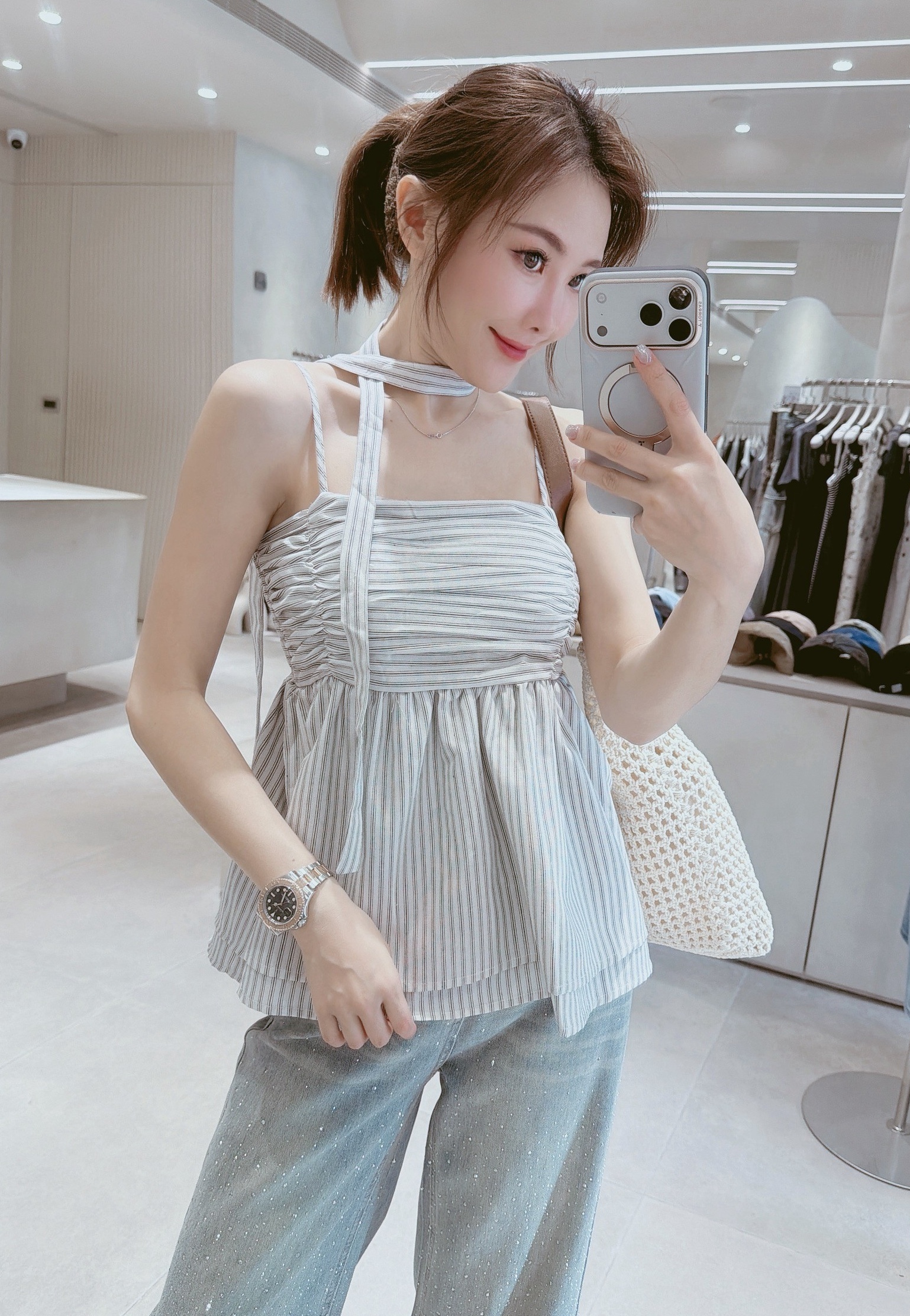 條紋繞脖+抓皺後鬆緊條紋背心