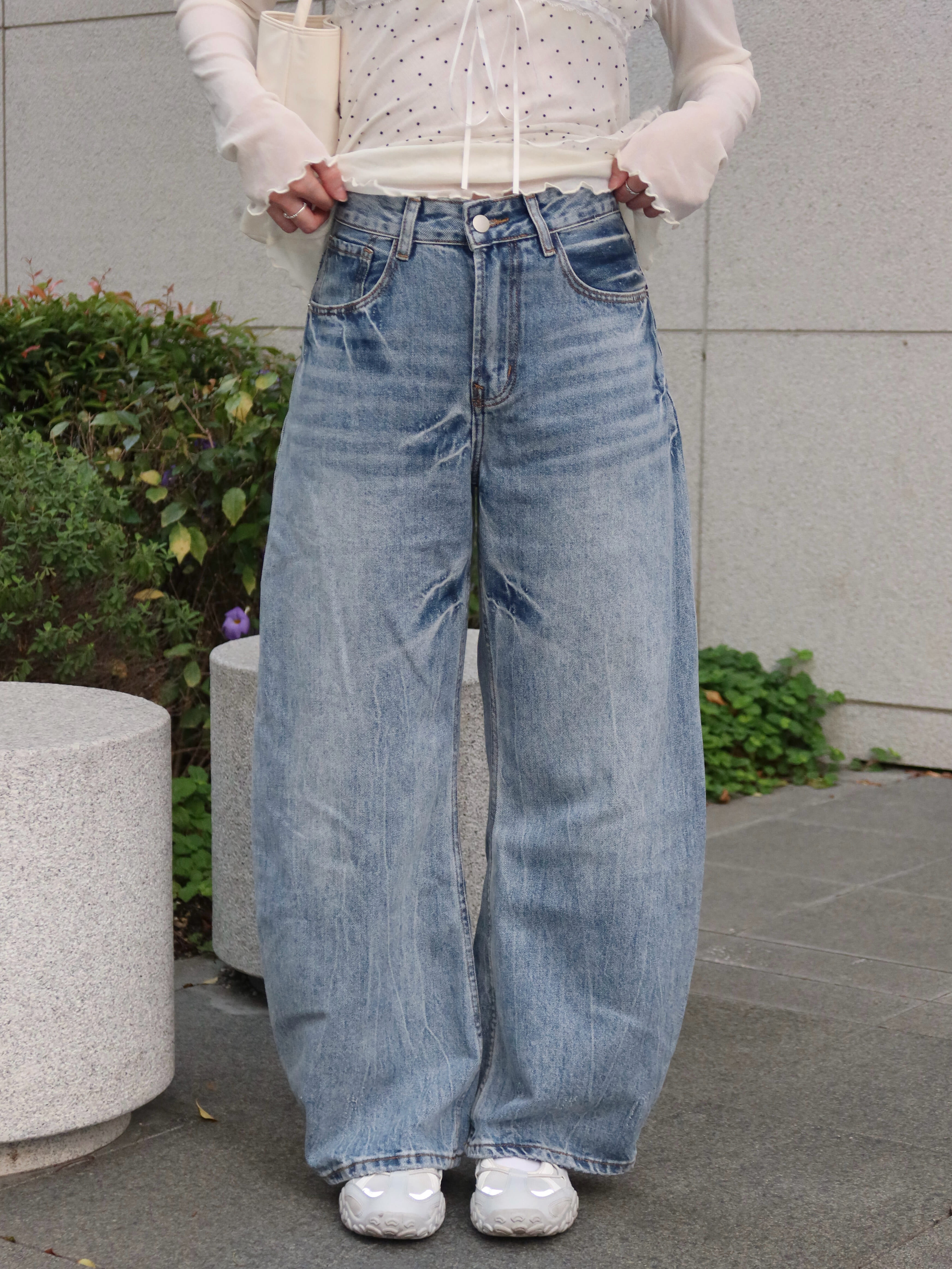 【預購】布日Funi 美式工裝褲 寬鬆彎刀牛仔褲 男女復古水洗闊腿 百搭休閒長褲