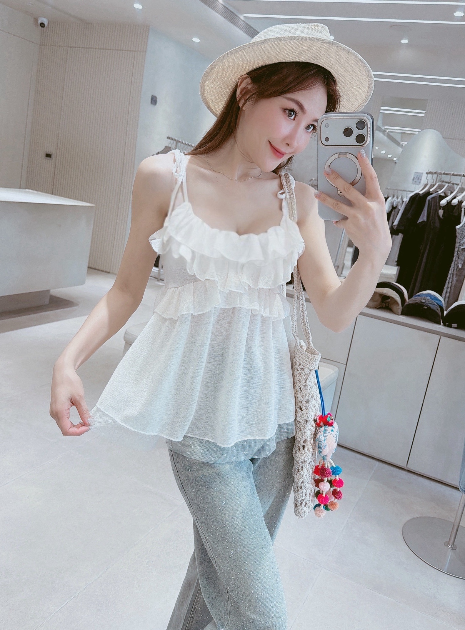 肩綁帶雙層拼接網紗背心