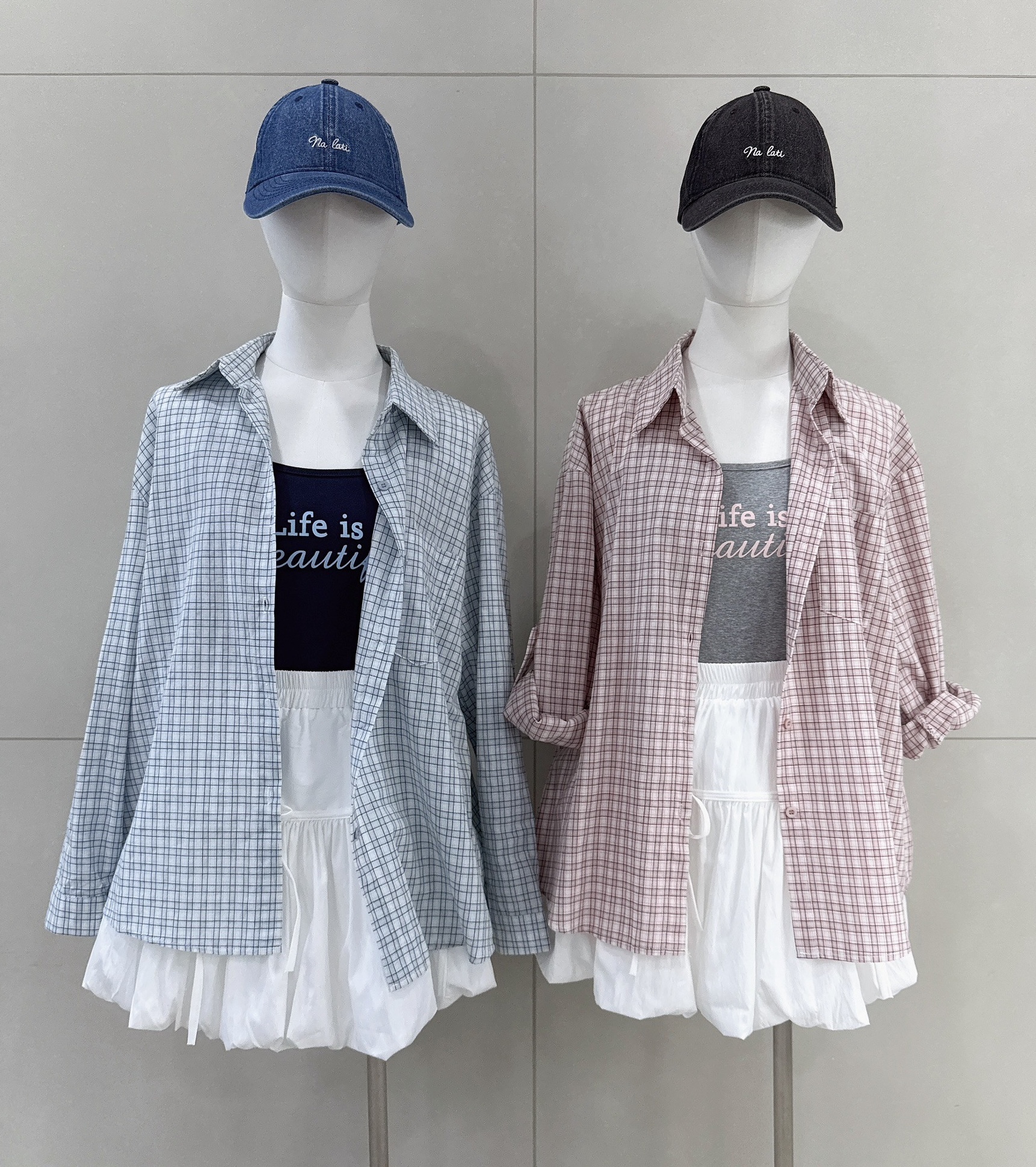 小格紋襯衫+字母背心+蝴蝶結短裙