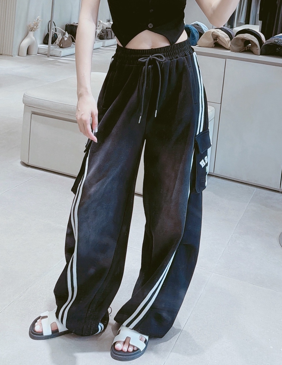 白邊條15水洗工裝彎刀棉褲