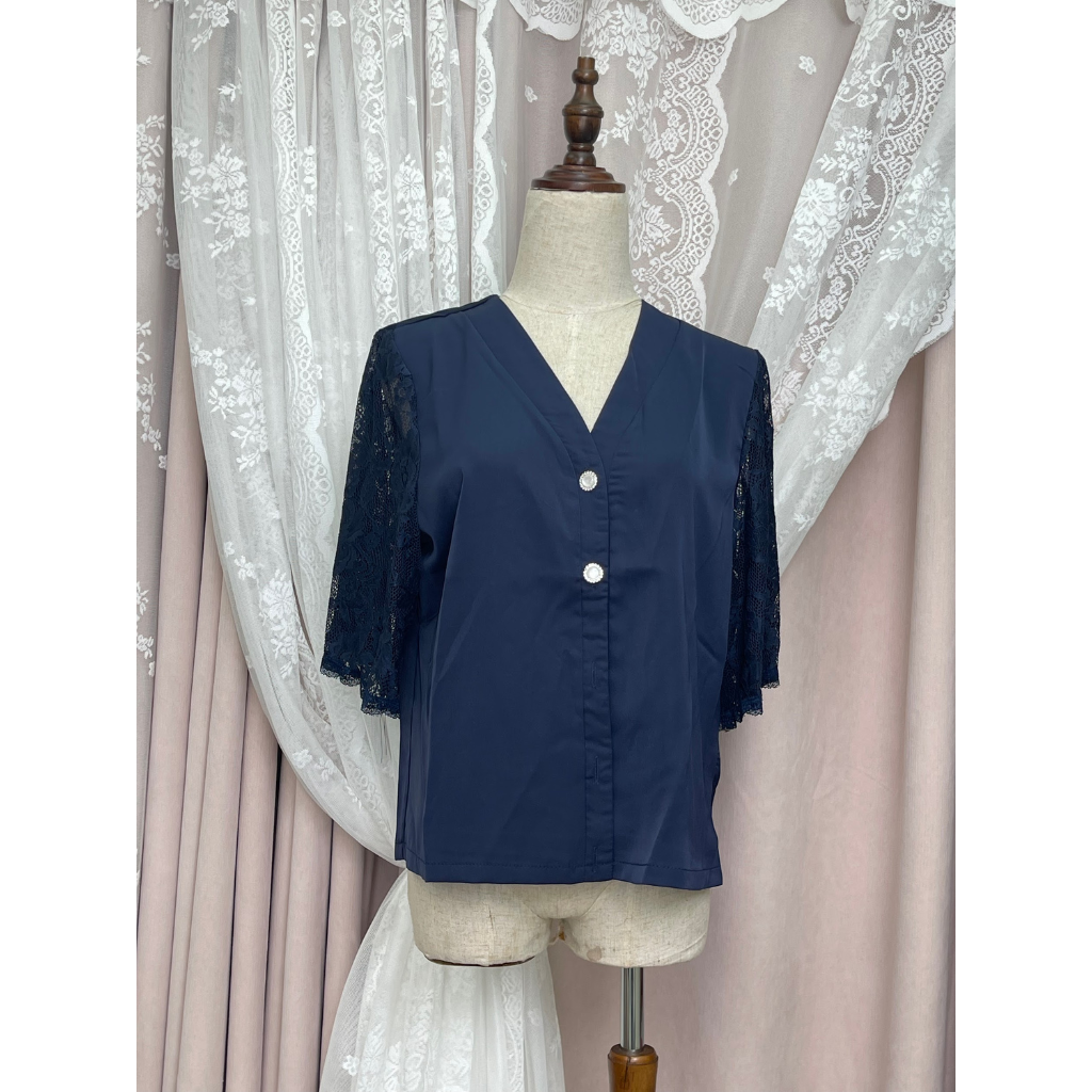 FRA-CCG0427-452 深藍鏤空袖短袖衫 (A2) (M-L)