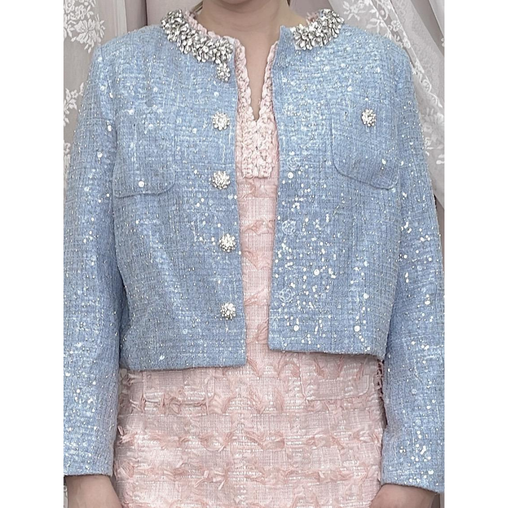 FRA-CCG0427-463 淺藍鑲鑽領小香外套 (A13) (S-L)