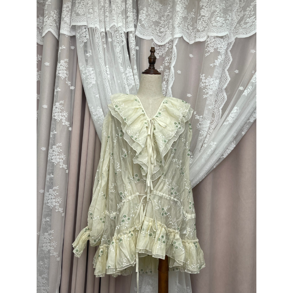 FRA-CCG0427-468 米黃碎花荷葉領連身裙 (A18) (S-L)