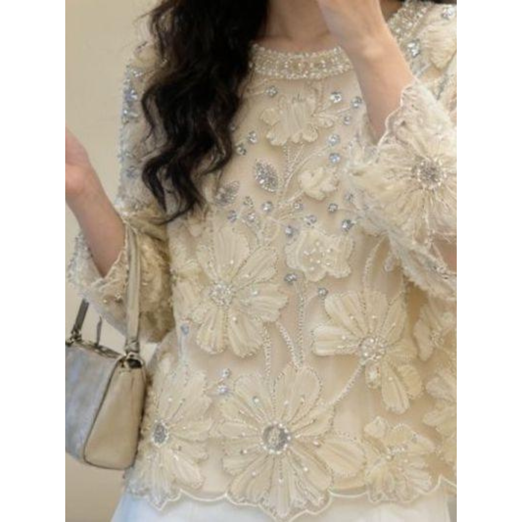 FRA-CCG0427-471 米色花邊長袖衫 (A21) (S-XL)