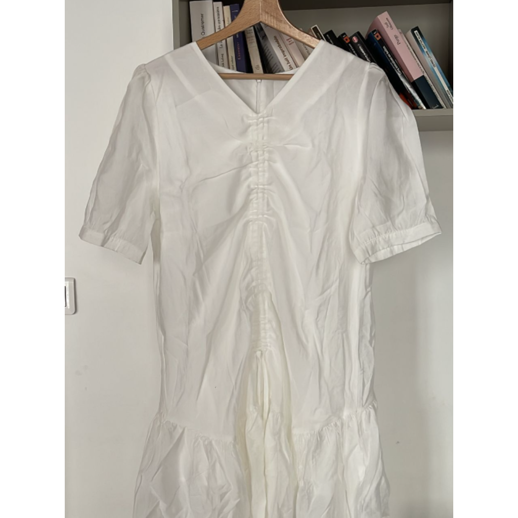 FRA-CCG0427-477 白色V領抓褶收腰短袖衫 (A27) (Free Size)