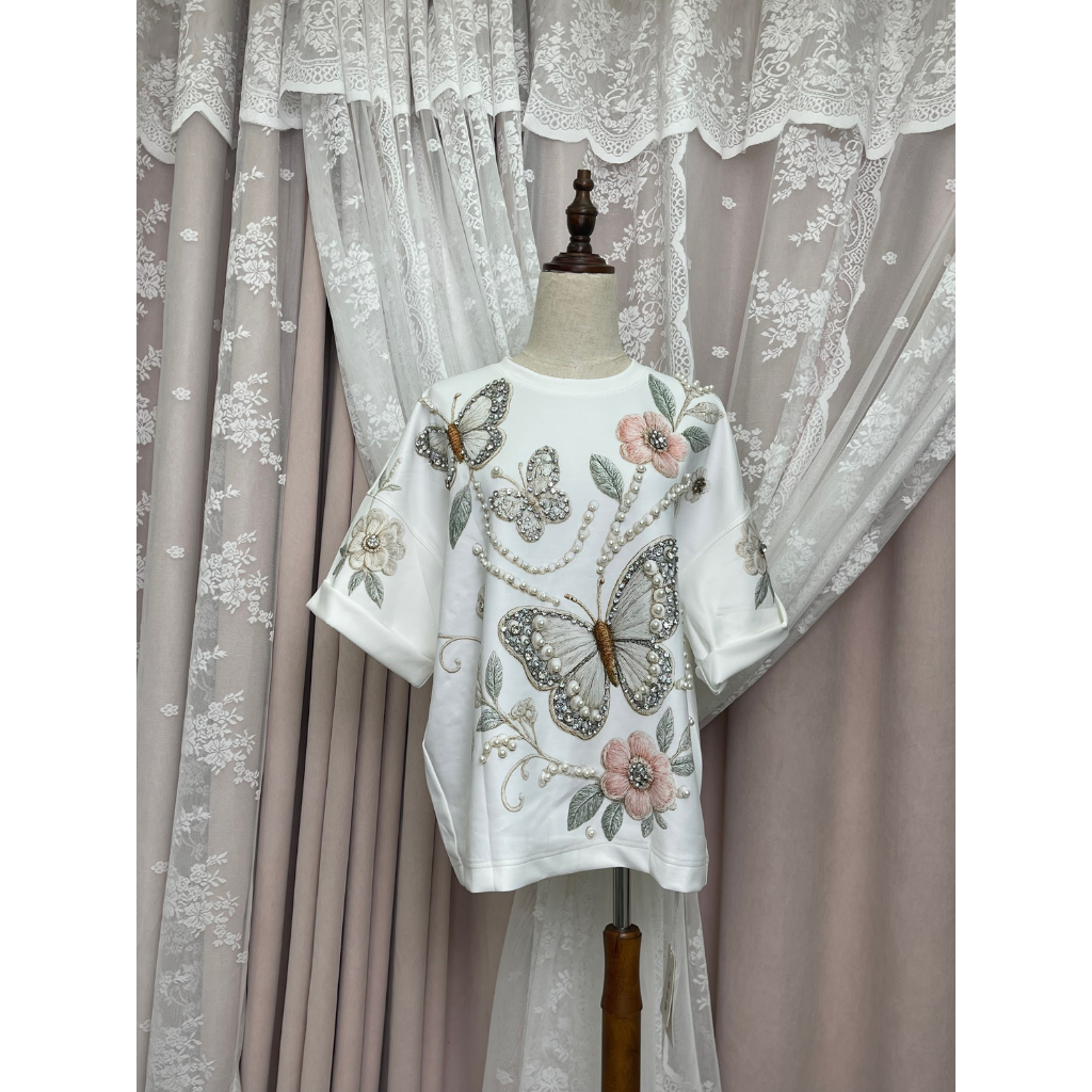 FRA-CCG0427-470 白色蝴蝶花卉短袖 (A20) (S-XXL)