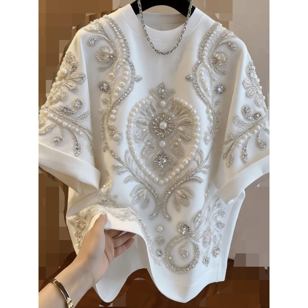 FRA-CCG0427-475 白色釘珠圓領短袖衫 (A25) (S-XXL)