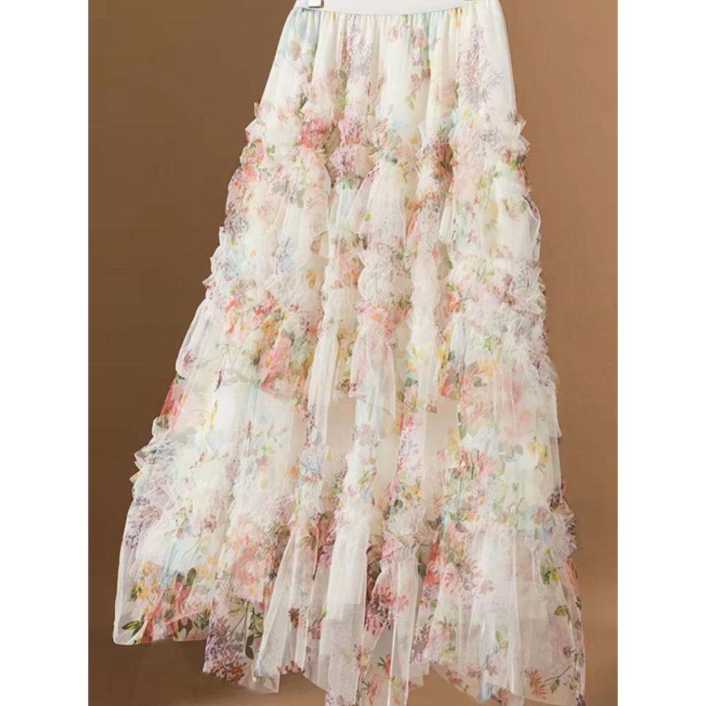 FRA-CCG0427-480 白底碎花層次半身長裙 (A30) (Free Size)