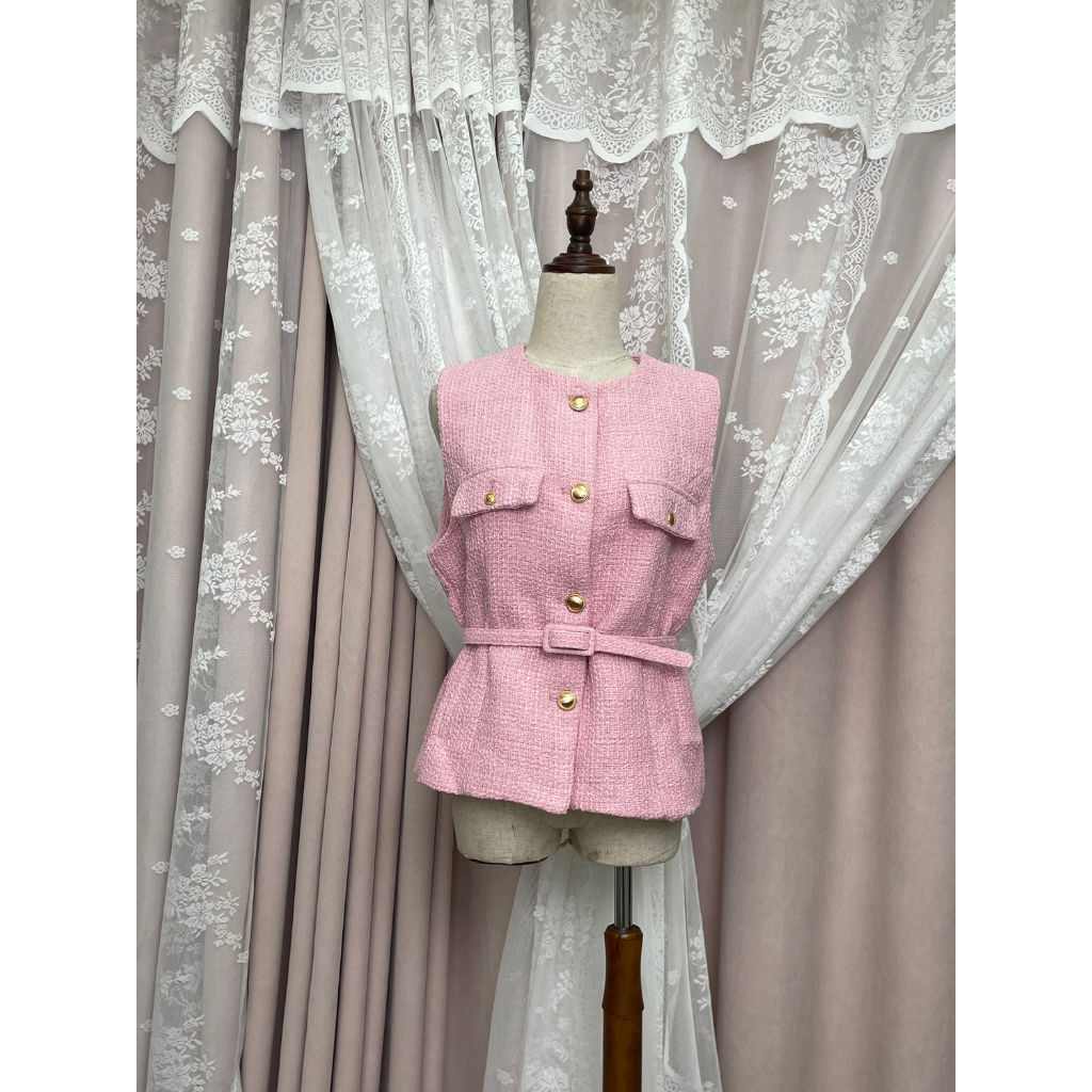 FRA-CCG0427-482 粉色小香風收腰無袖馬甲 (A32) (Free Size)