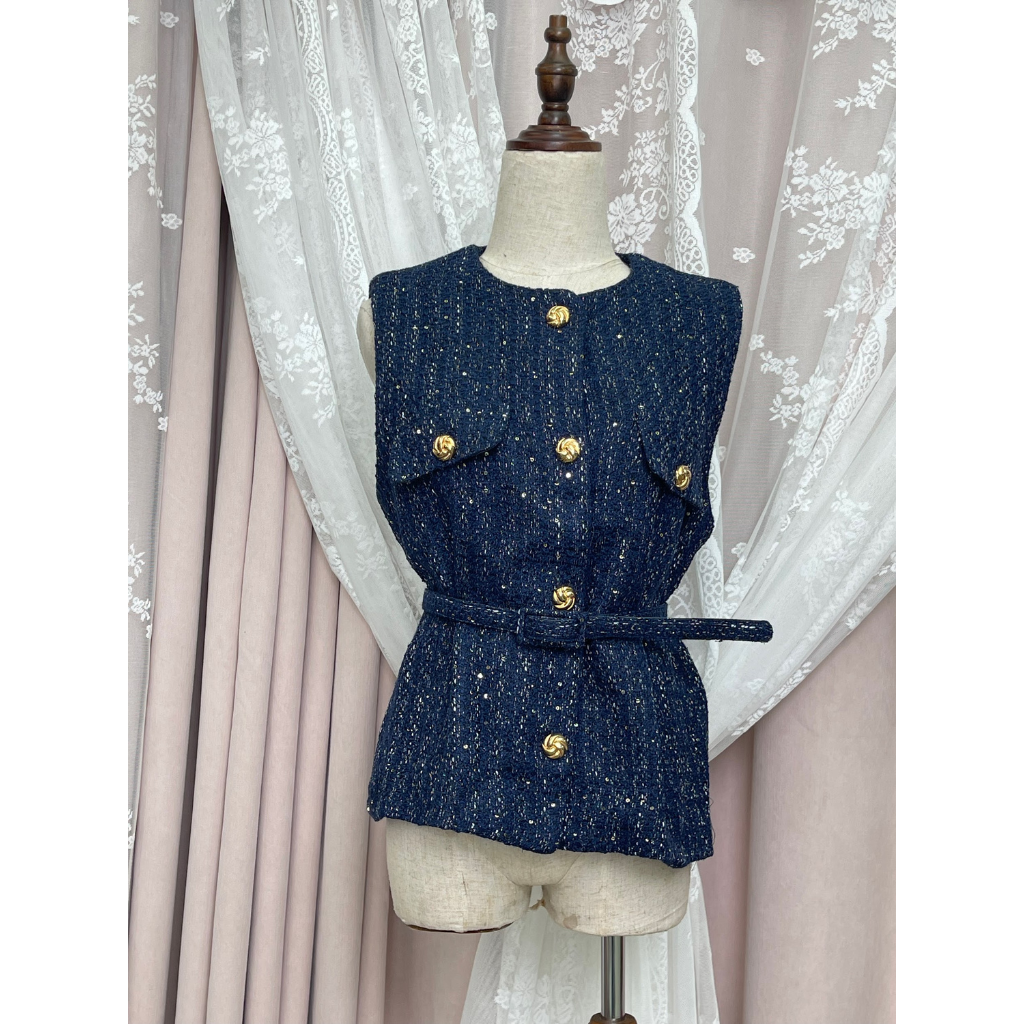 FRA-CCG0427-483 深藍小香風收腰無袖馬甲 (A33) (Free Size)