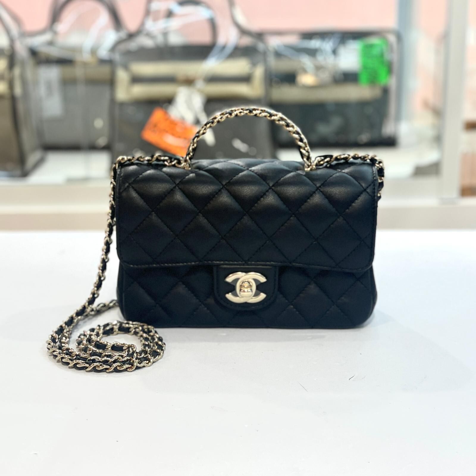 全新CHANEL CF17, 水鑽手柄款, AS4140, 黑色羊皮淡金, 晶片款 #BRAND NEW #香榭站正品