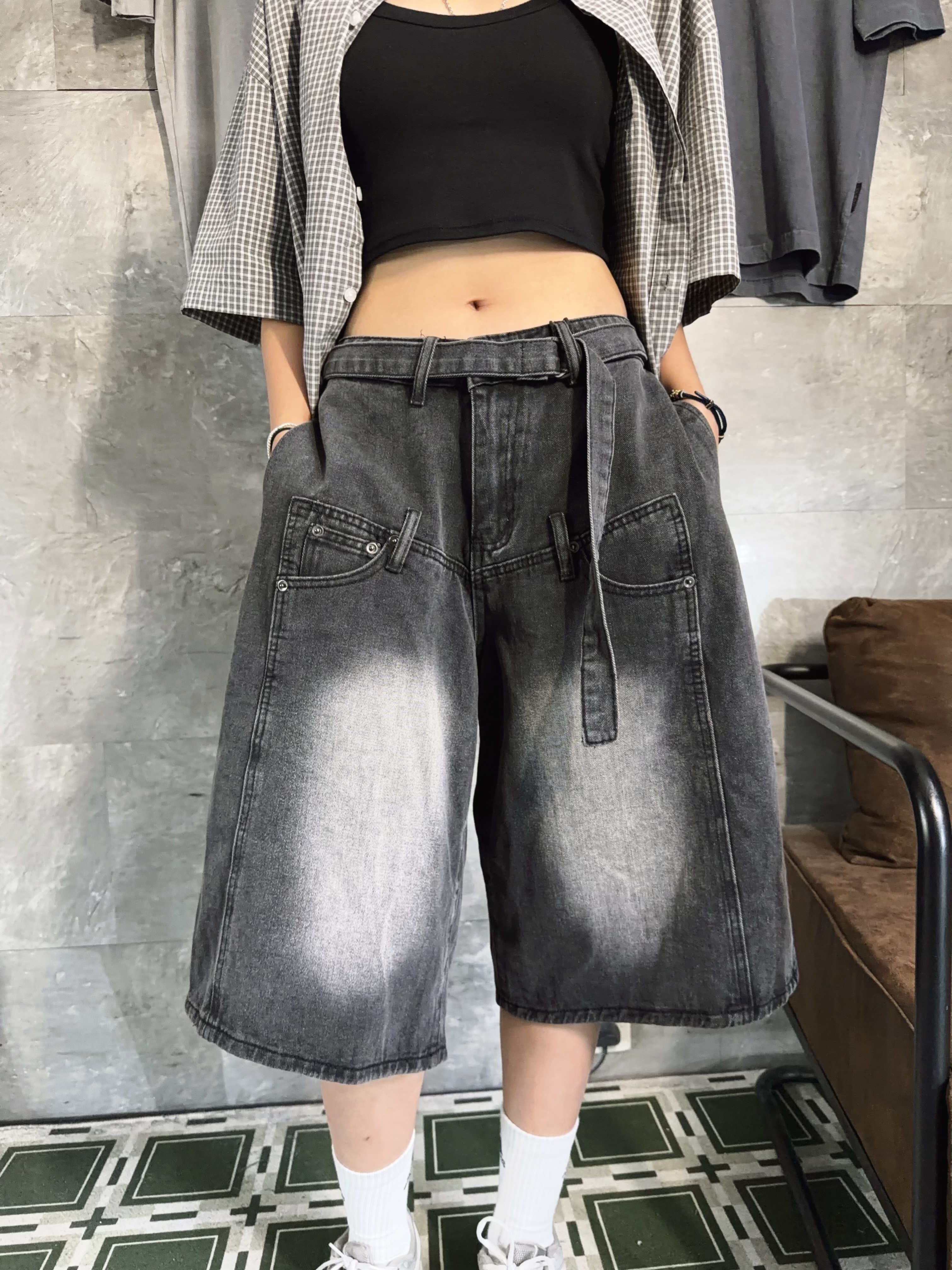 SPT0027 腰帶拼布七分牛仔褲