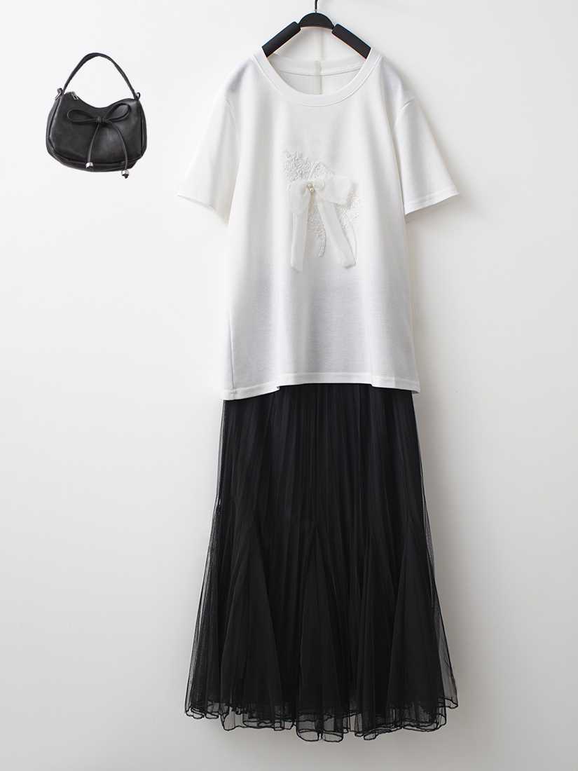 蝴蝶結縫珠短袖上衣拼接層次魚尾紗裙組合