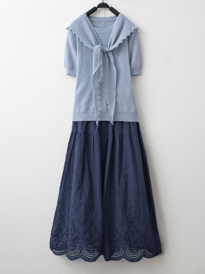 兩件式針織上衣繡花純棉柔軟寬褲組合