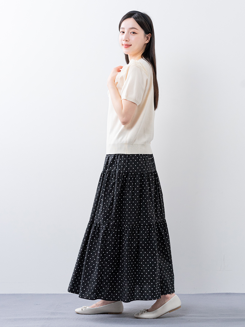 網紗簍空緹花針織衫點點印花層次蛋糕棉裙組合