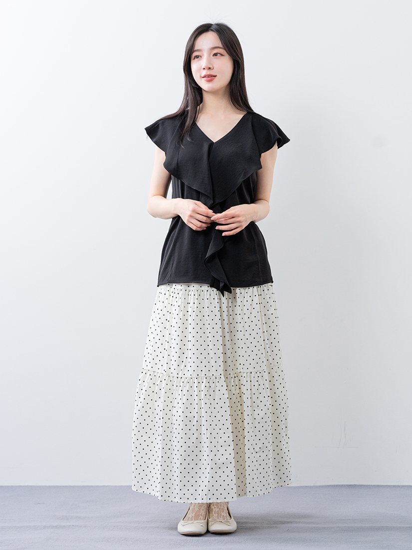 荷葉邊V領襯衫點點印花層次蛋糕棉裙組合