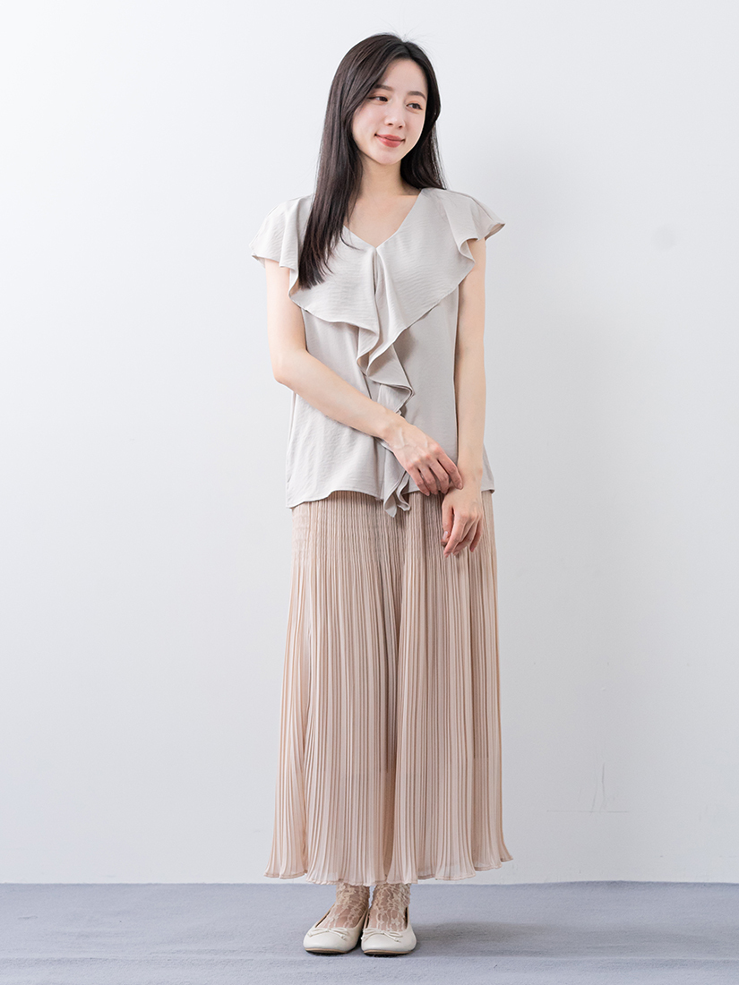 荷葉邊V領質感襯衫層次壓褶雪紡長裙組合