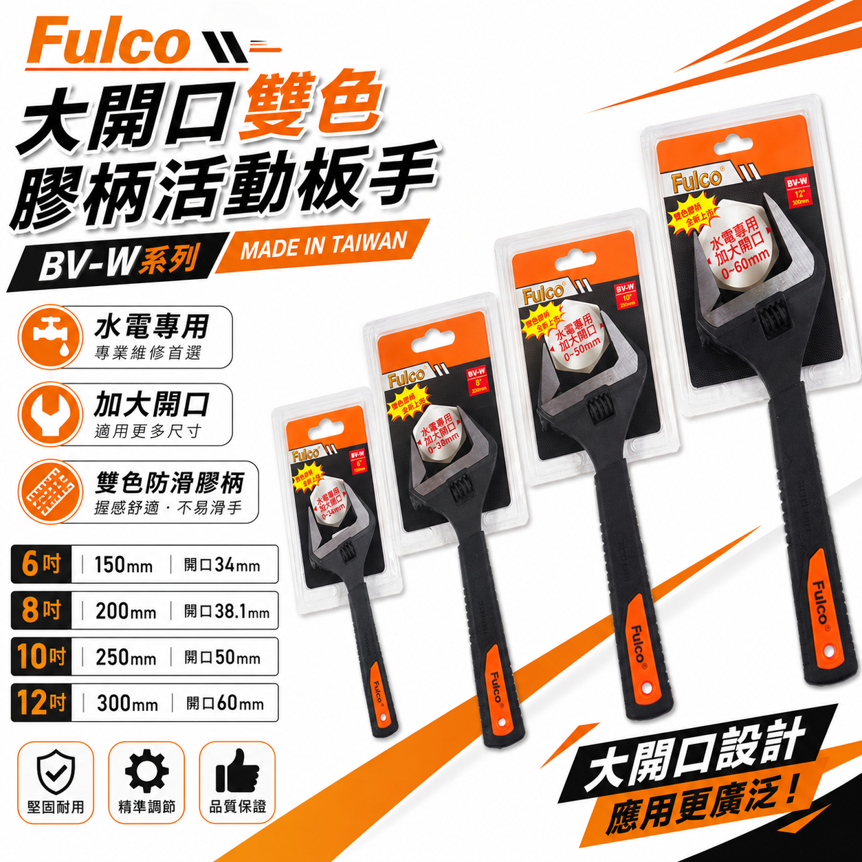 Fulco 台灣製｜6" 8" 10" 12"｜大開口雙色膠柄活動板手 水電專用 加大開口活動扳手 BV-W