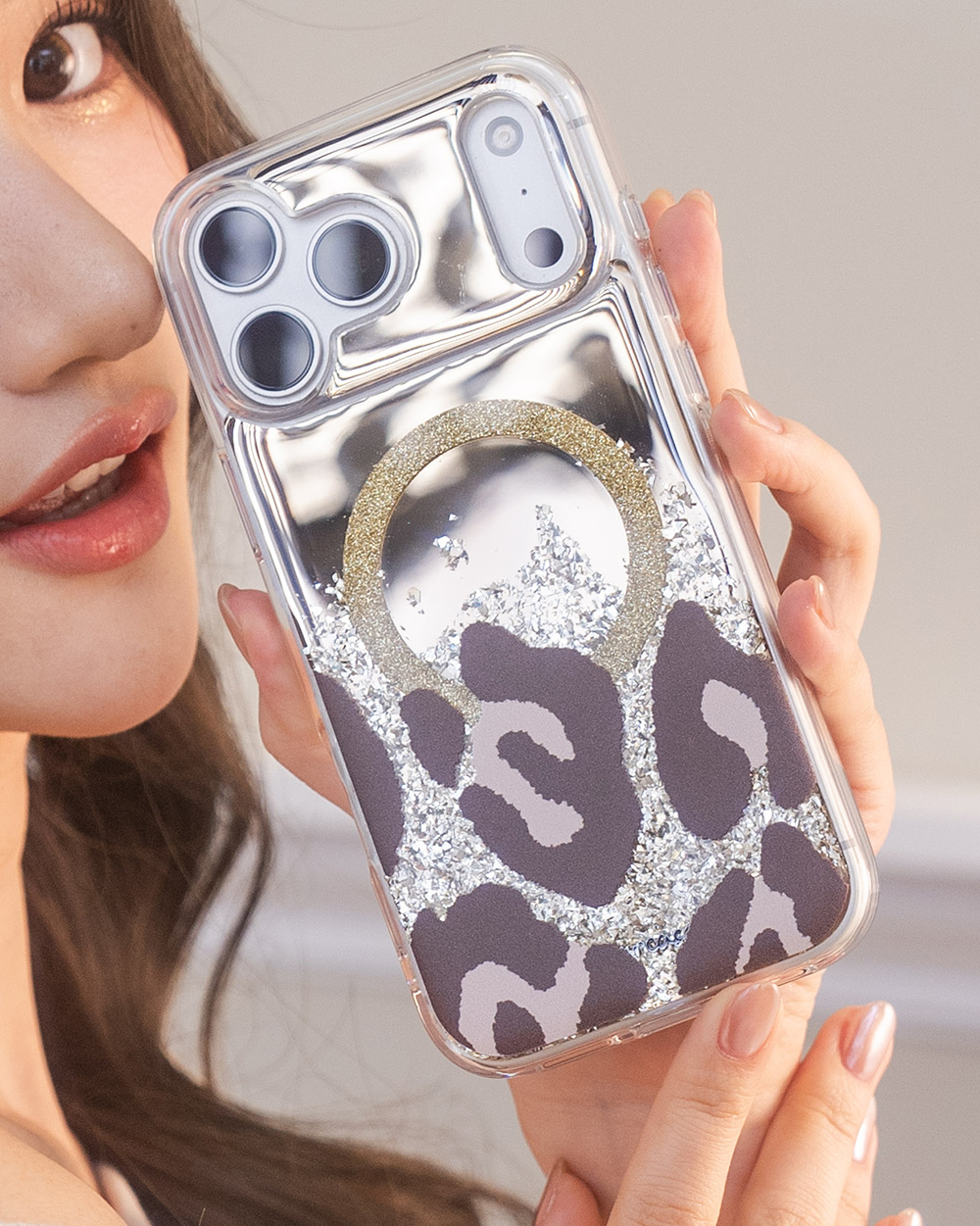 浪漫豹紋 (MagSafe磁吸) 閃耀金鏡面殼 - (訂製名字) iPhone客製化手機殼