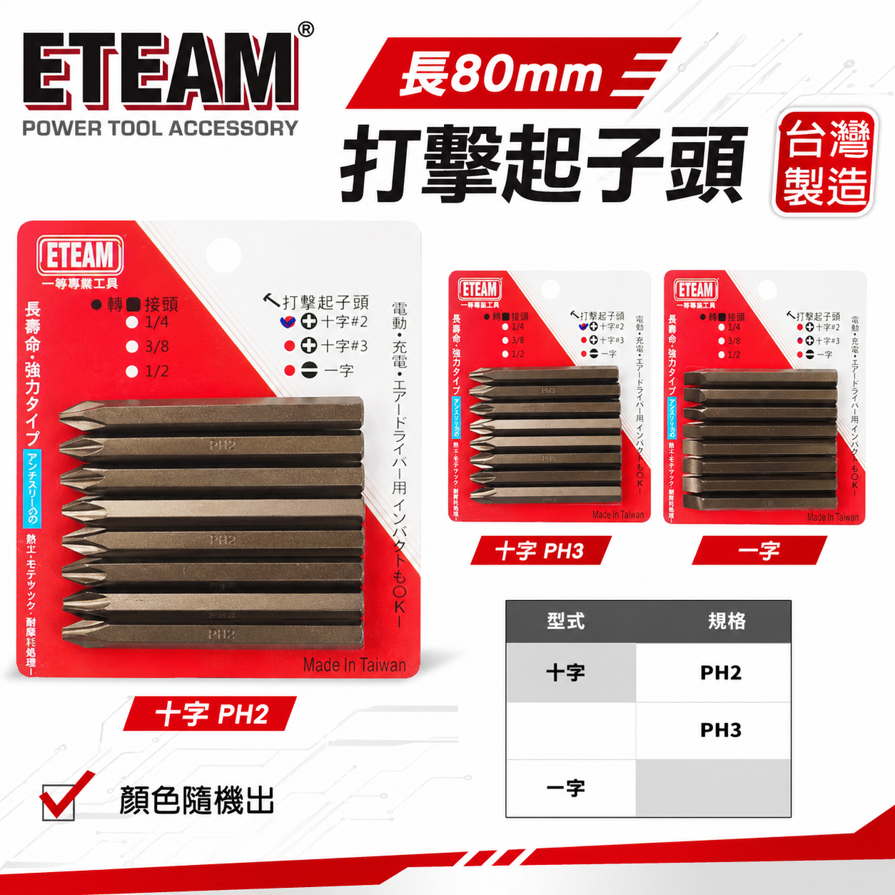 零售單支｜ETEAM 一等 台灣製｜規格 PH2 PH3 長80mm｜十字打擊起子頭｜一字打擊起子頭｜衝擊 敲擊